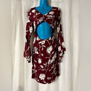 Flynn Skye Deep Red & White Rose Cocktail Dress with Bell Mid-Sleeves